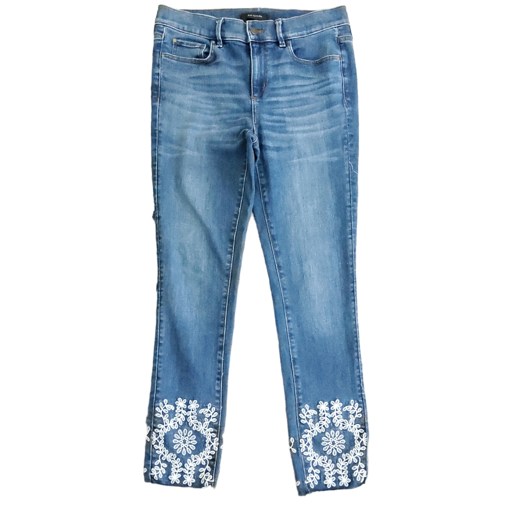 Ann Taylor Blue Skinny Jeans with White Embroidered Hem - 4